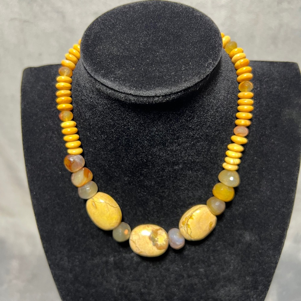 Yellow Natural Stone Beaded Statement Necklace Toggle Clasp Chunky Boho Artisan